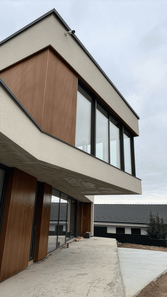 Casă placată cu riflaj Ayous Thermo, un profil rafinat, cu suprafață netedă și proporții echilibrate, ideal pentru arhitectură minimalistă. 