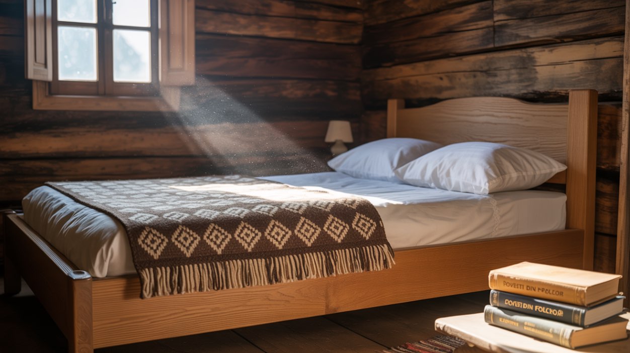Dormitor rustic cu pat din lemn masiv și textile naturale