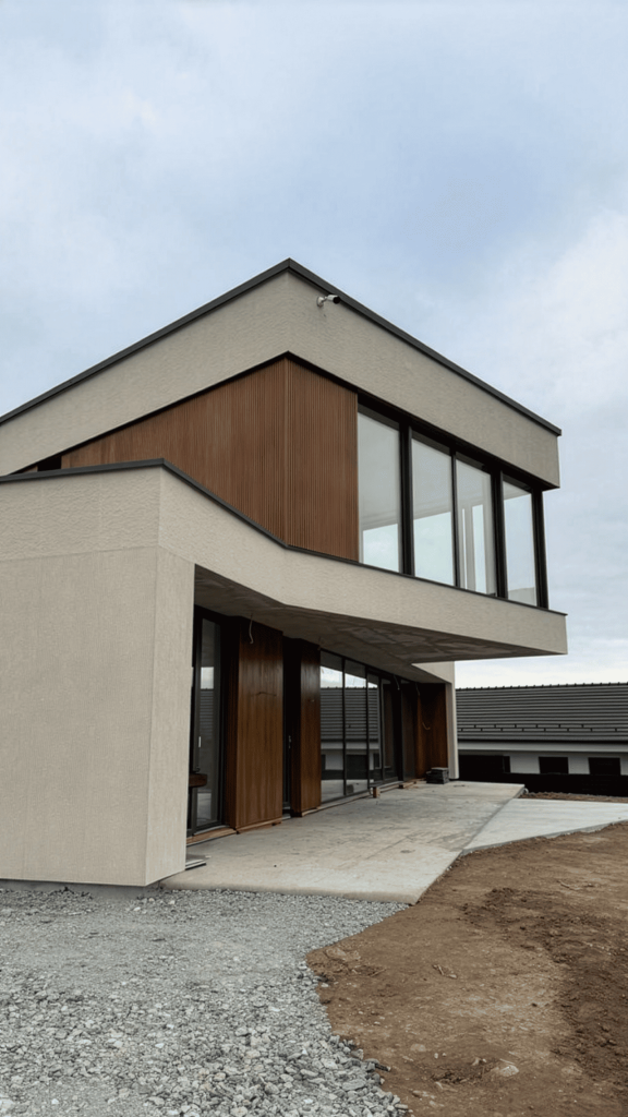 Casă placată cu riflaj Ayous Thermo, un profil rafinat, cu suprafață netedă și proporții echilibrate, ideal pentru arhitectură minimalistă. 