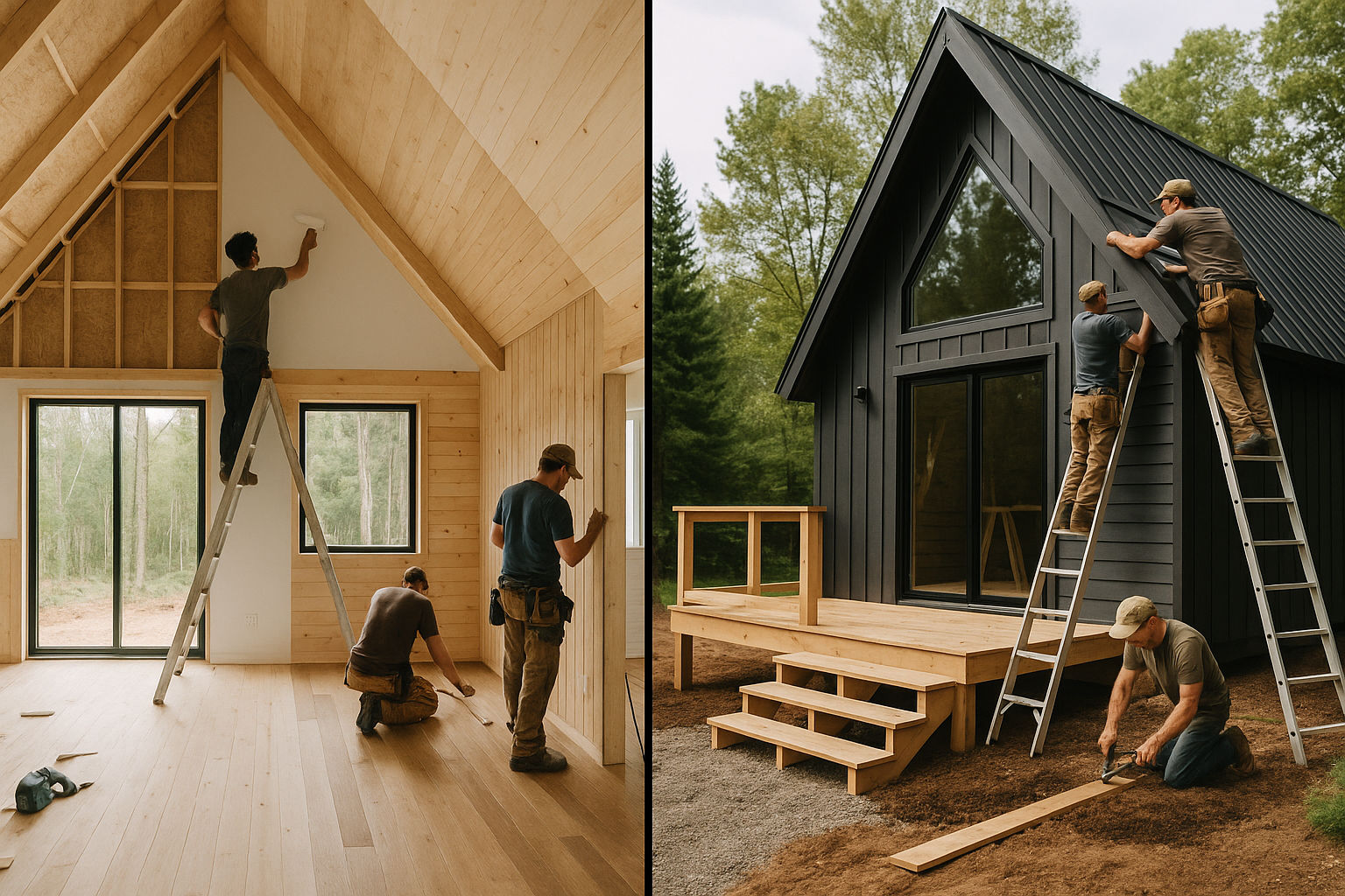 Procesul de construcție al cabanei A-frame.