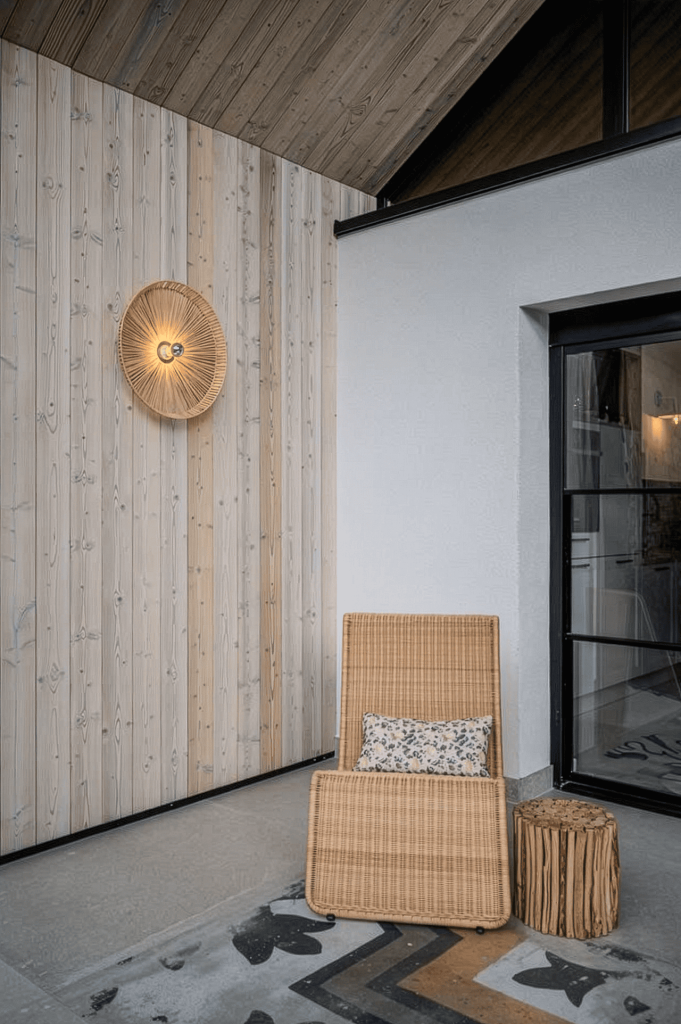 Anexă finisată integral cu lambriul Enipau M17, aplicat pe fațada exterioară, tavanul interior și elementele superioare ale construcției.