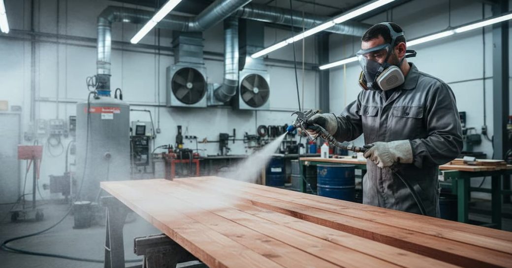 un tehnician pulverizeaza o solutie de ignifugare peste scanduri din lemn intr-un atelier