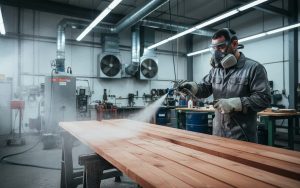 un tehnician pulverizeaza o solutie de ignifugare peste scanduri din lemn intr-un atelier