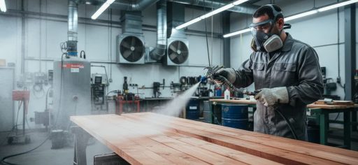 un tehnician pulverizeaza o solutie de ignifugare peste scanduri din lemn intr-un atelier un tehnician pulverizeaza o solutie de ignifugare peste scanduri din lemn intr-un atelier